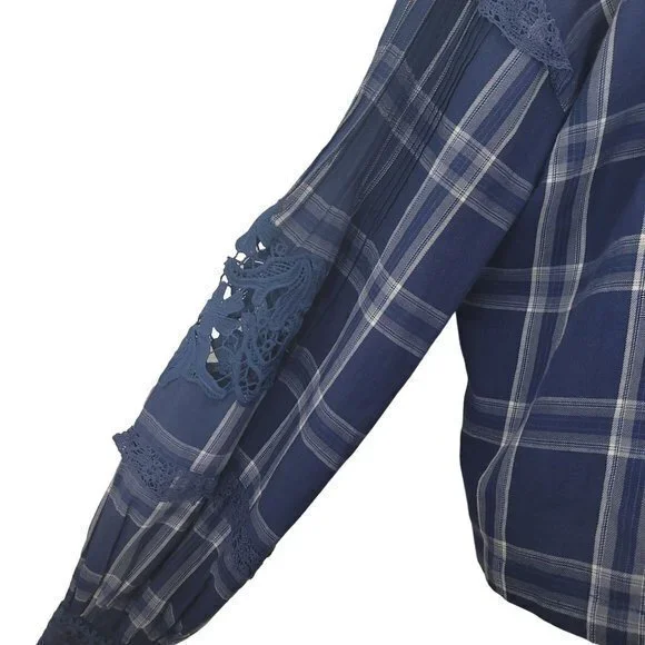 Free People Womens Size Small Blue Plaid Darling Diana Long Sleeve Shirt - Picture 7 of 10